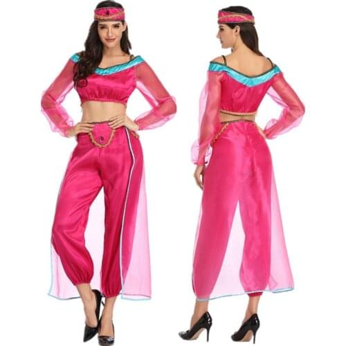 Women Aladdin And The Magic Lamp Red Jasmine Princess Costume Belly Dancer Cosplay Top Pants Halloween Party Suit Indian Costume