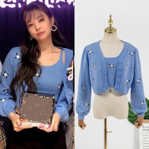 Kpop Korean Celebrity Sexy Flower Embroidery Knit Vest Short Tops + Single-Breasted Cardigan Jacket Coat Women Two Piece Outfits