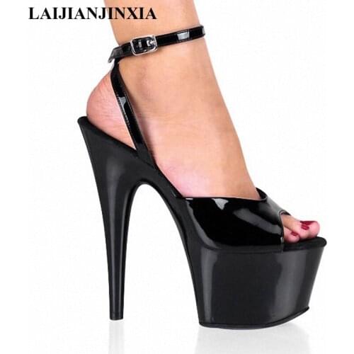 LAIJIANJINXIA 17cm ultra-high with crystal sequins sandals Thick sole waterproof high-heeled shoes Summer wedding dress shoes