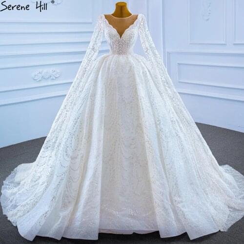 Muslim White Luxury Wedding Dresses 2021 Cape Sleeves Beading Pearls Glitter Lace Up Bridal Gown BHM67228 Serene Hill