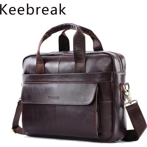 Keebreak Cowhide Leather Mens Briefcase Shoulder Messenger 14'' Laptop Bag Casual Document Computer Storage Bag Mens Handbags