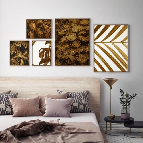 Nordic Wall Art Golden Leaf Plant Canvas Painting Poster and Print Botanical Decorative Picture for Living Room Home Decor