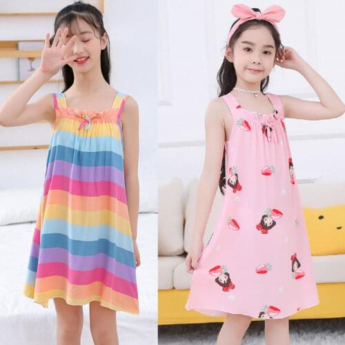 Children Sleepwear Teens Girls Nightdress Baby Cotton Rainbow Nightgown Kids Cartoon Vest Bow Dress Children Pajamas Homeweare