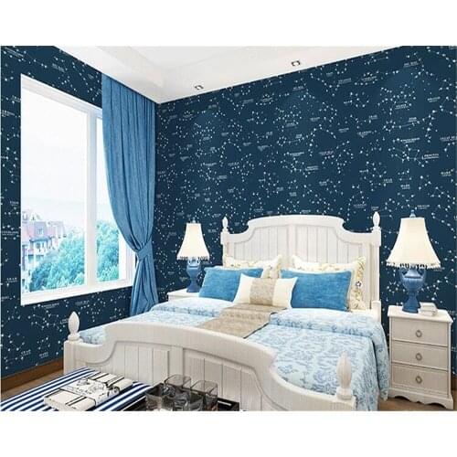 Beibehang Mediterranean style childrens room wallpaper green dark blue stars boy bedroom background TV background 3d wallpaper