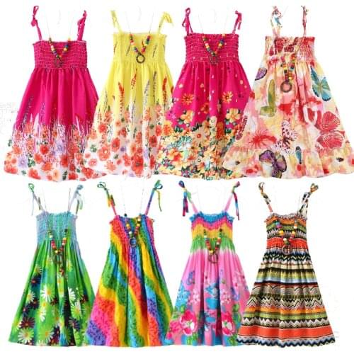 2021 Summer Girls Floral Dress Sling Ruffles Bohemian Beach Princess Dresses for Girl Clothing 2 6 8 12 Years With Necklace Gift