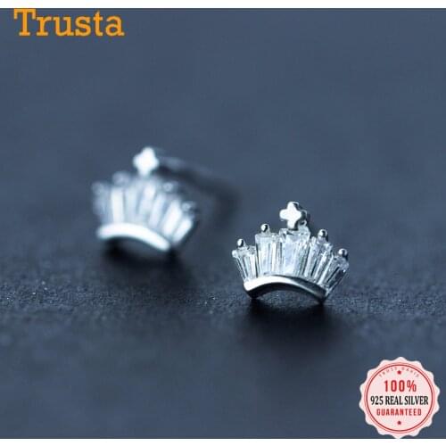 Trusta 100% 925 Sterling Silver Fashion Crown With CZ 8mmX8mm Stud Earrings Gift For School Girls Gift DS726 DS727 DS728