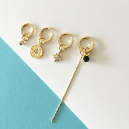 Gold Color Green Stone Chain Tassel Star Engraved Round Disc Ball Charm Hoop Earrings Single Pack For Multi Pierced Ear Women