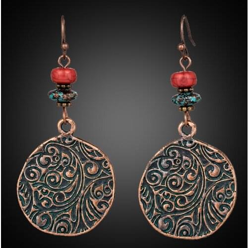 2019 New Trendy Engraved Retro Vintage Ethnic Suspension Dangle Round Hanging Drop Earrings For Women Female Wedding Accessory