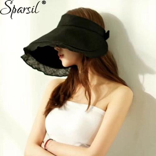 Sparsil Summer Women Sun Protection Empty Top Hat Adjustable Solid Color Foldable Wide Brim Cap Parent-Child Beach FemaleChapeau