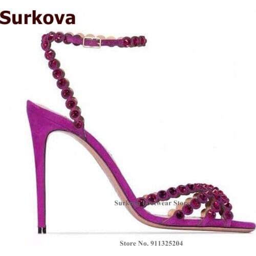 Surkova Bling Bling Crystal Wedding Shoes Purple Green Glitter Rhinestone Strappy High Heel Sandals Elegant Vogue Dress Pumps