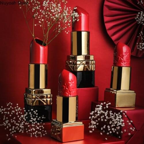 Creative Lipstick Ornaments Gold Plating Ceramic Lipstick Vase Flower Arrangement Crafts Home Living Room Decoration Accessories