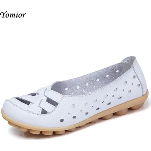 Yomior Summer Flats Non-slip Breathable Women Shoes Genuine Leather Fashion Casual Big Size Mother Shoes White Nurse Footwear