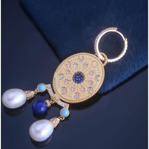 SLJELY Fashion Brand S925 Sterling Silver Single Yellow Gold Color Sun Moon Medal and Pearls Earring July New Women ROMA Jewelry