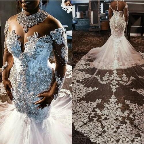 Saudi Arabic Crystals Beaded Skin Tulle Long Mermaid Wedding Dress Luxury 100cm Fish Train O Neck Bridal Gown Robe De Mariee