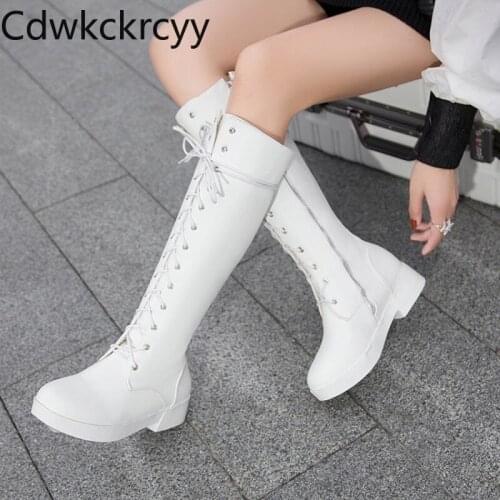 Winter The New fashion Round head Fang He High tube Martin boots black white Lace Plus velvet Keep warm High heel Women boots
