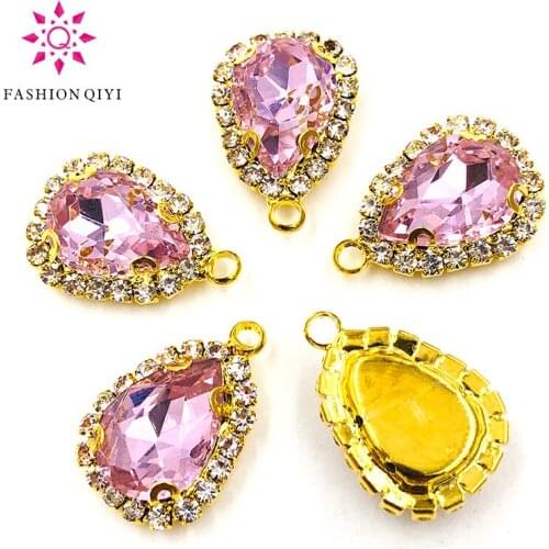 10pcs/pack10X14mmGold bottom Pink teardrop Single hole Crystalbutton high quality sew on rhinestones diyClothing accessories