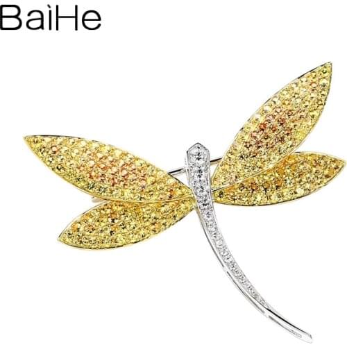 BAIHE Solid 14k White+Rose/Yellow+White Gold Yellow Sapphire/Pink Sapphire Diamonds Pendant Brooch Women брошь Butterfly Wedding
