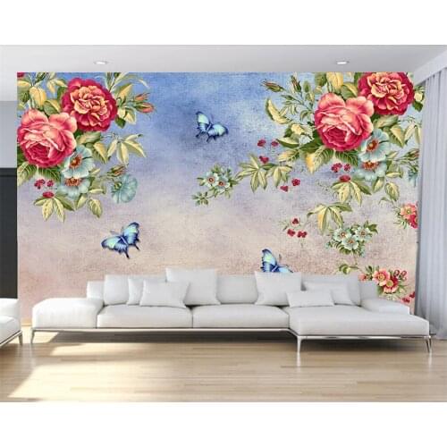 Beibehang Custom wallpaper butterflies Love flowers hand-painted flowers Chinese living room TV background wall 3d wallpaper