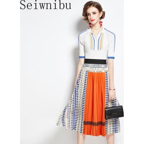 Elegant knit sweater top stripe patchwork Autumn pullovers + Pleats Stripe Print skirts suit female two piece set oufits 2020