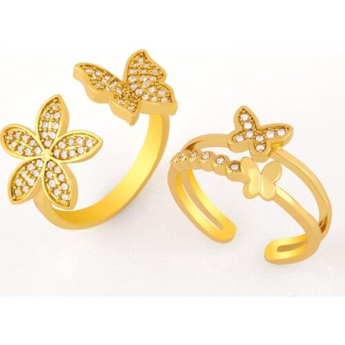 FLOLA Crystal Double Layer Butterfly Rings For Women Adjustable White Stone Flower Open Finger Ring Zirconia Jewelry Gift rigj82
