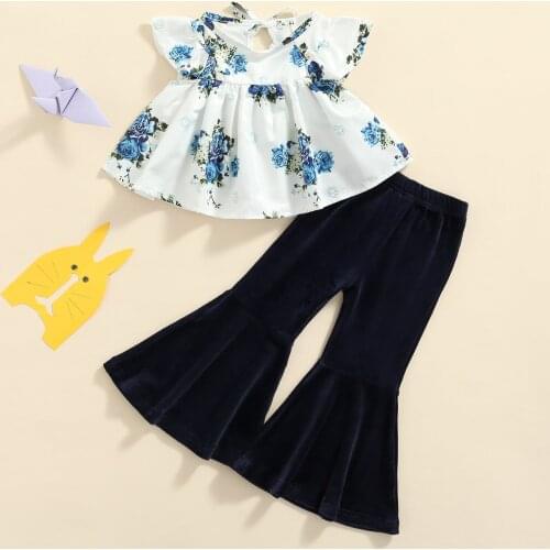 Two Piece Baby Girl Outfit Set Newborn Toddler Girls Clothes Floral Print Fly Sleeve T-shirt Top+velvet Flare Pants Infant