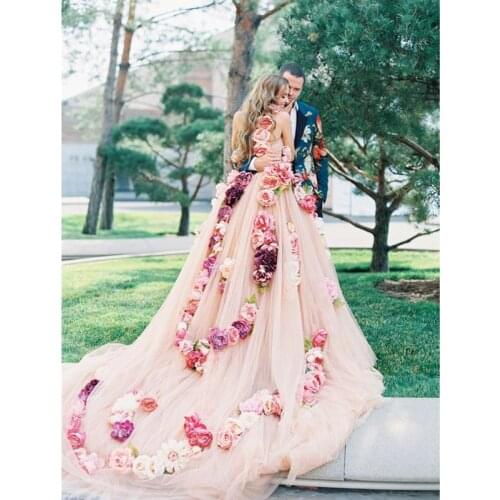 Garden Pretty Colored Bridal Dresses 3D Flower Tulle Formal Event Dresses Floral Prom Gowns