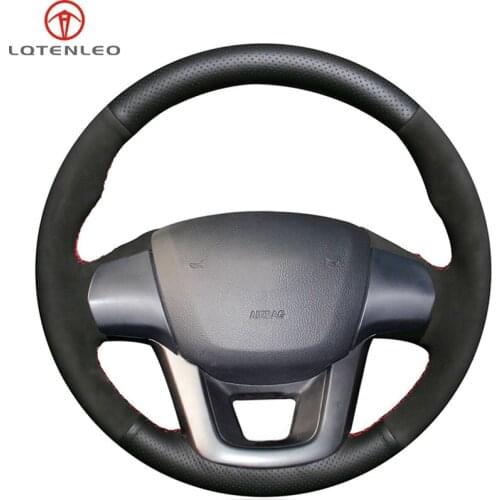 LQTENLEO Black Suede Genuine Leather Hand Sewing Steering Wheel Cover For Kia K2 2010-2016 Kia Rio 2011 2012 2013 2014 2015 2016