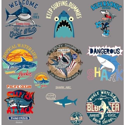Fashion Shark Iron On Patches For DIY Heat Transfer Clothes T-shirt Thermal Transfer Stickers Decoration Printing For Children