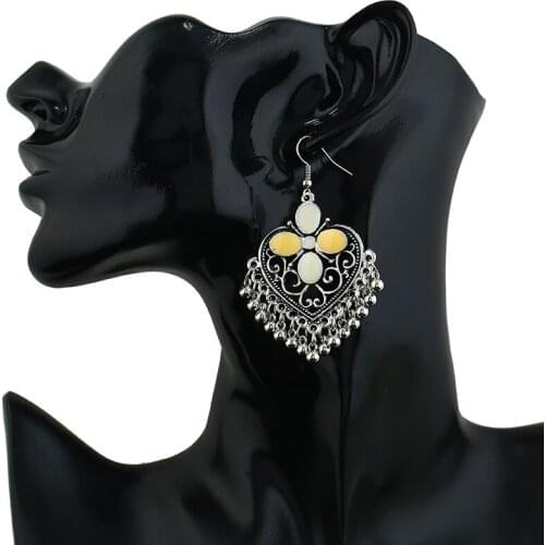 Fashion Court Retro Cutout Carved Heart Shape Water Drops Bells Pendant Tassels Ornament Eardrop Womens Ethnic Earrings Jewelry