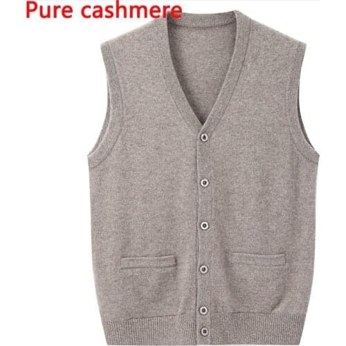 Autumn Winter Mens High Quality Pure Cashmere Casual V-neck Single Breasted Vest Brand Thick Warm Male Wool Sweater Size S-4XL