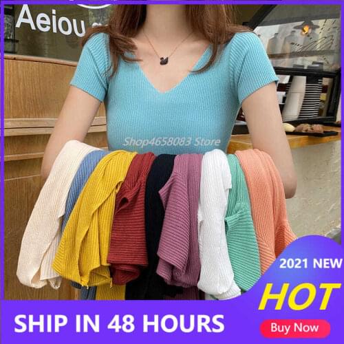 2021 New Summer Women T Shirt Sexy V Neck Female Slim Short Sleeves Top Knitted Ribbed Female TShirt Pullover Tops Soft Female