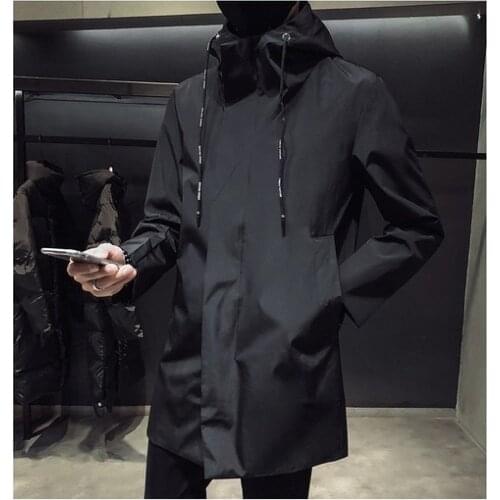 New Mens Black Trench Coat Hooded Windbreaker Coats M-4XL Casual Male Clothing Windproof Outwear