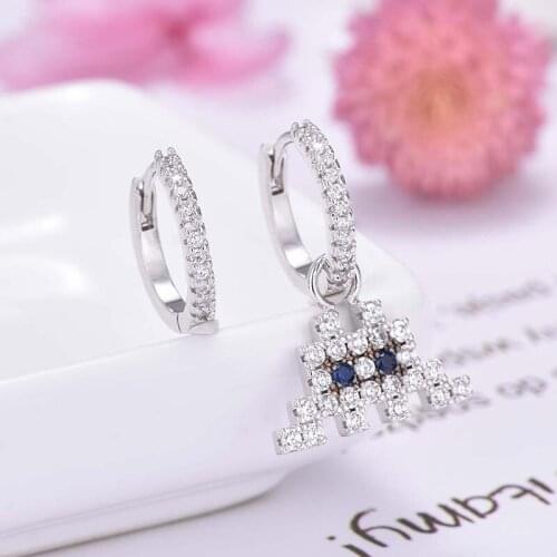 New Pixel Little Space Monster Classic Game Earrings New Asymmetric Micro Inlay Zircon Crystal Earrings Girl Party Gift