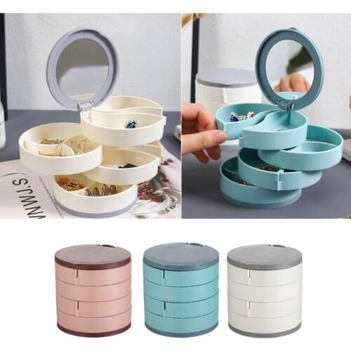 Jewelry Organizer Case with Mirror 4 Layers 360 Degree Rotating Storage Box Tray T21F