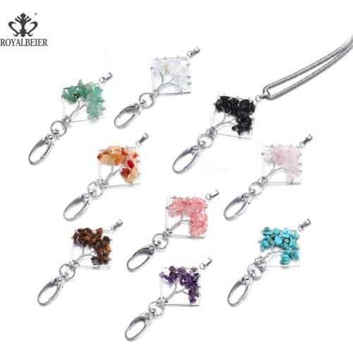 ROYALBEIER Mixed New Arrive Working ID Holder Rhombic Tree of Life Pendant Natural Stone Pendant Necklace Can Hold Keys XL0145