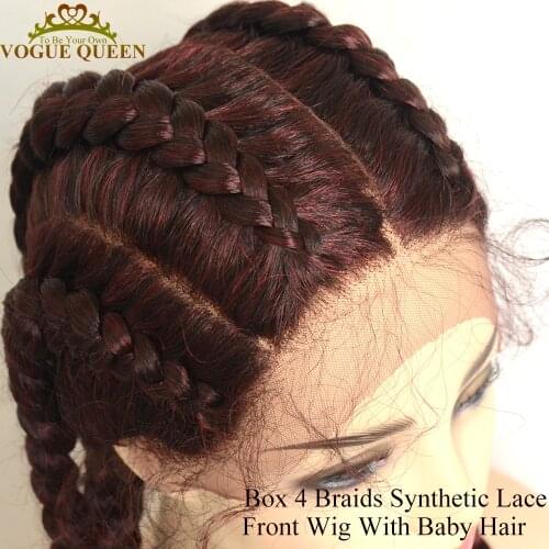Vogue Queen T99J Box Braid Hiar Wig Synthetic Lace Front Wig 4 Long Braids With Baby Hair For Balck Women