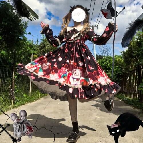 Spring Autumn Japanese Sweet Lolita Soft Girl Full Sleeve Dress Peter Pan Collar Cartoon Bow Kawaii Ruffles Diablo Gothic Dresse