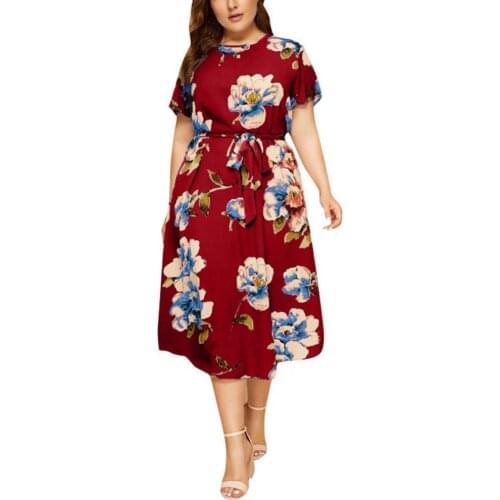 Oversize Women Dress Elegant Floral Print Short Sleeve O Neck A-Line Casual Office Ladies Dress Banquet Party платье