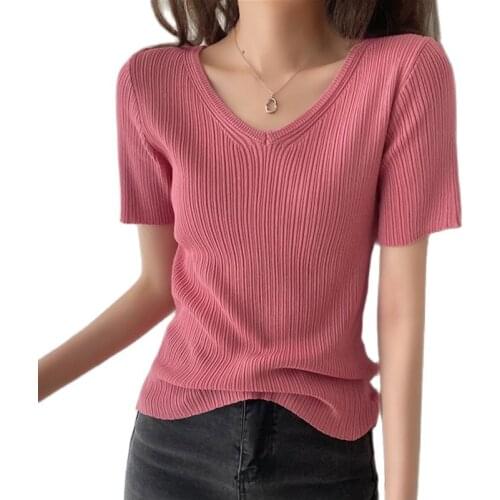 Pink Thin Knitted T Shirt Women Casual Solid Clothes 2021 Summer Short Sleeve Tops V-Neck Tee Shirt Female Slim Woman Tshirts