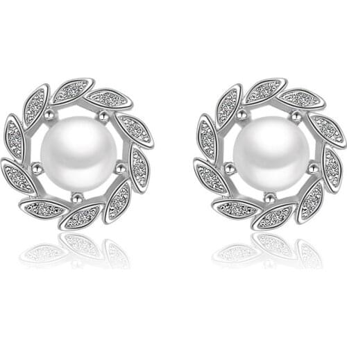 925 Sterling Silver Pearl Flower Stud Earrings For Women Engagement Wedding Birthday Gift Jewelry Brincos
