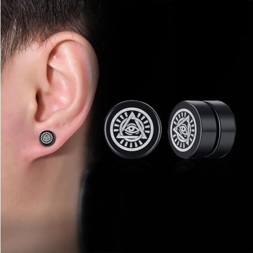 Punk Round Stud Earrings Eye of Providence Men Boy Stainless Steel Ear Jewelry Don't Need Ear Canal Jewelry