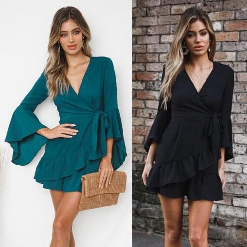 Sexy Club A-line Solid Color Long Sleeve Ruffles Above Knee Mini Batwing Sleeve V-neck Green Women Dress Fashion Black Dress