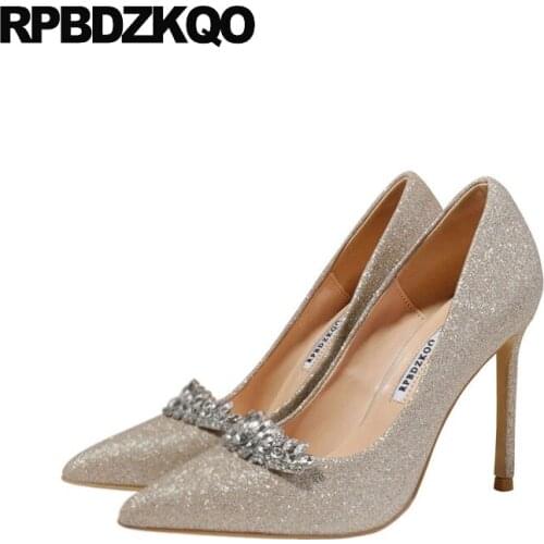 Rhinestone crystal pointed toe stiletto super golden silver glitter diamond bridal high heels pumps ultra gold for women sequin