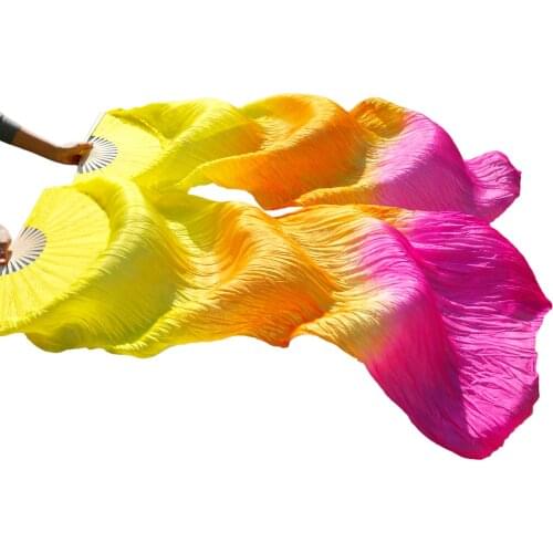 2018 Wholesale real silk fan veil for belly dance silk veil thick Dance Fan with 180 cm long hot sale yellow + Orange + Rose
