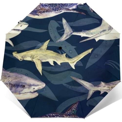 Wind Resistant Fully-Automatic Umbrella Blue Tiger Whale And Hammerhead Watercolor Rain 3 Folding Parasol Travel Car Umbrella