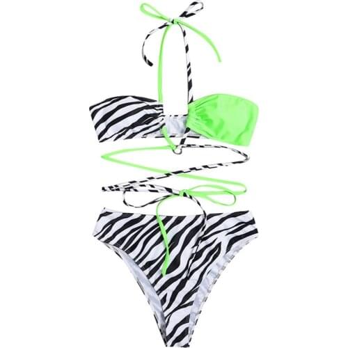 Female Bathing Suit Fashion Women Zebra Stripes Strappy Bikini Top+ Panties Swimwear For Women High Waist Bikini Set