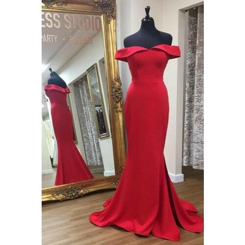 Elegant Long Red Off Shoulder Prom Dresses Mermaid Corset Back Satin Formal Party Dress Robe Soiree Femme