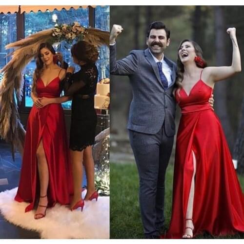 Long Satin Red Evening Dresses with Pockets Criss Cross Back A-Line Floor Length V-Neck Abendkleid Robes de Soirée for Women