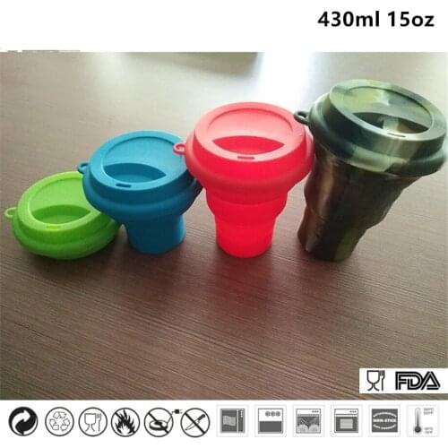 100pcs/lot 15oz Silicone collapsible coffee tumbler folding tea cup telescopic travel water mug 430ml silica with silicone lid