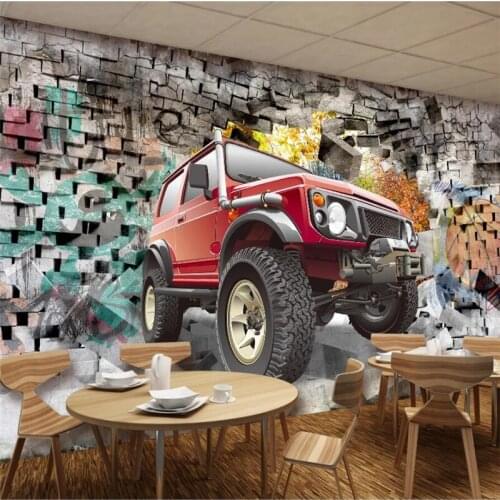 Beibehang Custom wallpaper 3d large murals off-road vehicle through the wall bar restaurant 3d stereo nostalgic background wall